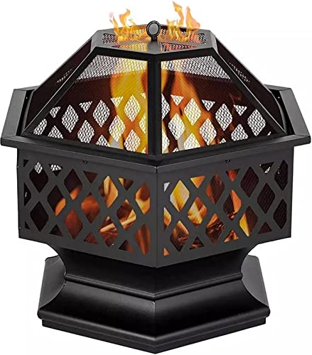 Garten-Feuerstelle, Grillschale, Grillgestell, Feuerstelle im Freien, Holzfeuerung, sechseckige 24-Zoll-Feuerstelle aus Stahl für den Garten mit Funkenschutzgitter und Rost für Garten, Terrasse,