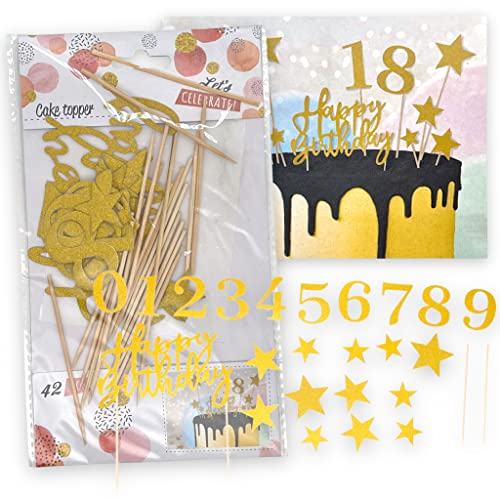 Set Cake Topper Tortendeko Kuchendeko Cupcake-Deko Happy Birthday Tortendekoration für Geburtstag Kuchendekoration Kuchenaufstecker Tortenaufsatz (42-tlg Birthday & Zahlen gold)
