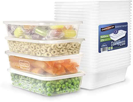 25 Pack Reusable Plastic Containers with Lids (500ml) for Food Storage & Meal Prep - Microwave & Dishwasher Safe, BPA-Free & Recyclable