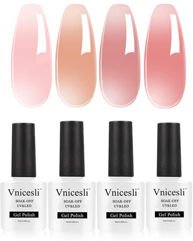 Vnicesli 4 Colors Jelly Gel Nail Polish Set, Transparent Sheer Nude Gel Polish, Soak Off UV LED French Manicure Nail Polish Long Lasting & Low Odor Ideal for Elegant DIY Nail Art All Occasions, 04-13