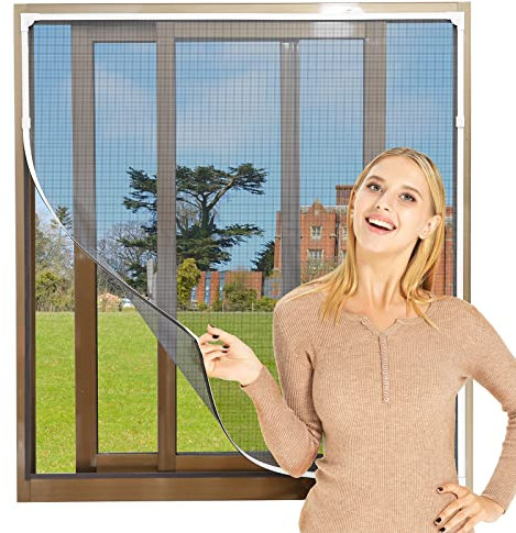 NeatiEase Adjustable DIY Magnetic Fly Screen Window Max 150x 180 cm Fits Any Size Smaller Insect Mesh Mosquito Bug Net for Windows (Includes Two Sets of Accessories,White Frame Black Net)