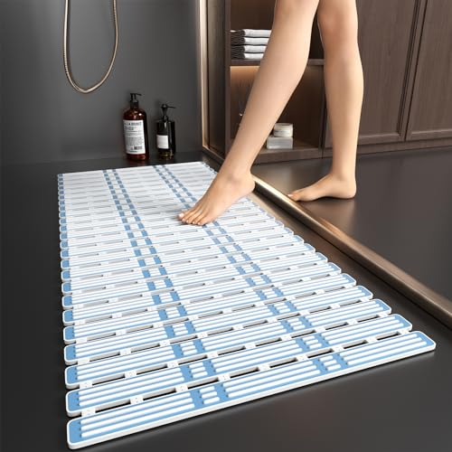 XIYUNTE Bath Mat Non Slip Anti Mould - 90x40cm Extra Long Bathtub Mats Non Slip Shower Mats for Inside Shower, TPE Anti Slip Shower Mat with Suction Cups, Rubber Bath Mat, Cut to Size, Blue