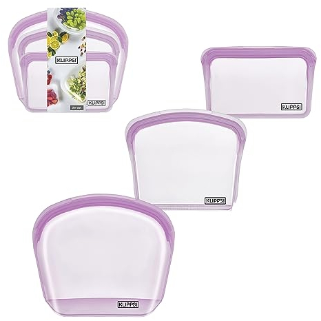 KLIPPSI® Juego de 3 bolsas de silicona reutilizables para congelador, resistentes al calor, resistentes al frío, a prueba de fugas, aptas para lavavajillas (morado)