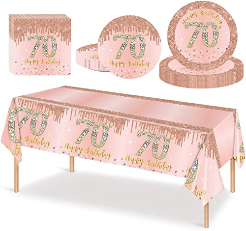 53Pcs Rose Gold Happy 70th Birthday Party Tableware Plastic Table Cloth,7,9inch Paper Plates,Napkins for Her Birthday Table Decorations Disposable Party Tableware Set for Women Adults Birthday Party