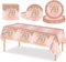 53Pcs Rose Gold Happy 70th Birthday Party Tableware Plastic Table Cloth,7,9inch Paper Plates,Napkins for Her Birthday Table Decorations Disposable Party Tableware Set for Women Adults Birthday Party