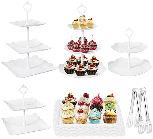 ALEXPRE 10Pcs Cake Stands,Dessert Table Display Set with 3x2-Tier Square Cupcake Stands, 3x3-Tier Round Afternoon Tea Stands, 4 Pcs Dessert Trays for Birthday Baby Shower Party Christmas Thanksgiving