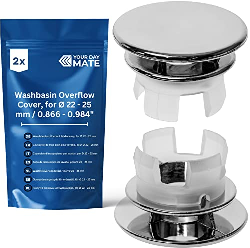 Couvercle de trop-Plein pour lavabo, 2 pcs, Design 2 en Chrome Brillant, pour Trou de lavabo avec Ø 22-24 mm à l'intérieur, Anneau de Remplacement pour Trou de lavabo, Cache de trop-Plein