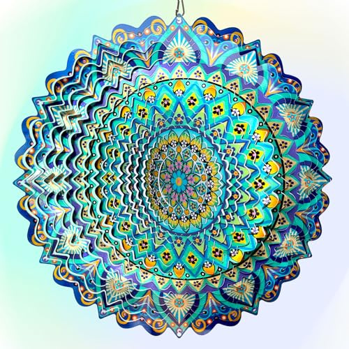 Hippolytusiart Ocean Blue Mandala Windmühlen, Weihnachtsschmuck aus Edelstahl, Windskulptur für Hof und Garten, 30,5 cm kinetische Dekoration für Außen und Innen
