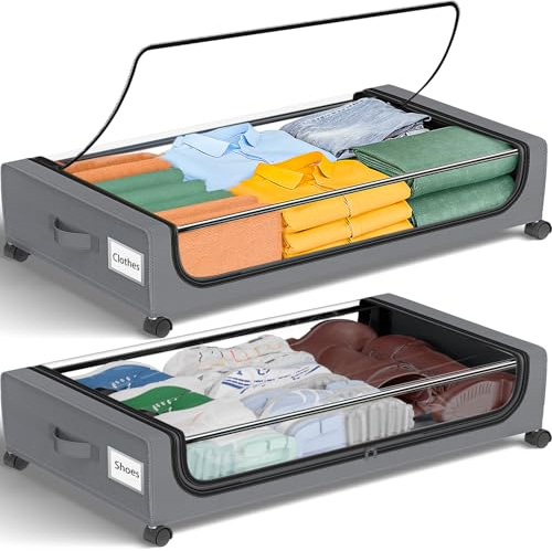 GoMaihe Under Bed Storage with Wheels: 48L Underbed Storage Containers with Lids - Rolling Bins for Shoes Clothes in Dorm Bedroom - Metal Drawers Easy Pull-out Grey 2-Pack