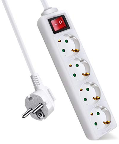 EXTRASTAR Regleta Alargador con 4 Enchufes e Interruptor, Cable 5M, para el hogar, Oficina y Viajes, 16A, 250V, 3680W, Blanco