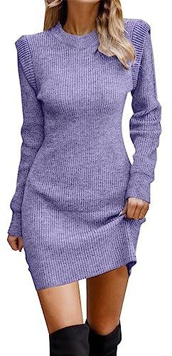 Briskorry Robe pull pour femme - Robe tunique à col roulé - Pull d'hiver - Robe longue en tricot - Robe d'hiver - Robe à manches longues - Robe mi-longue - Couleur unie, lilas, XXL