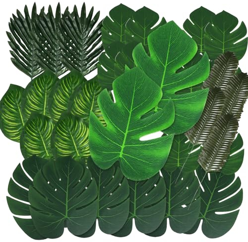 VaryFloral 60 Pièces Feuilles Artificielles 6 Types de Plante Artificielle Feuilles Feuillage Artificielles Deco Monstera Variegata Feuille de Palmier pour Jungle à Thème Plage Décoration