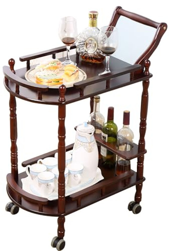 SPTZQURY Bar Cart, Home Bar Service Cart with Wheels, 2-Layer Wine Mobile Trolley, Solid Wood Storage Rack with Bottle Rack, Mobile Food Cart Suitable for Home, Bar, Beauty Shop (Brown)