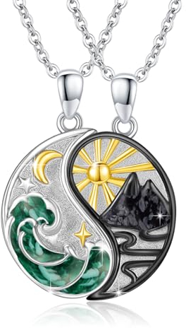 REDSUN Yin Yang Halskette 925 Sterling Silber Berg Sonne Anhänger Halskette für Paar BFF Kette 2ps Freundschaftskette Schmuck Geschenke für Damen Herren Couple Tochter (Malachit)