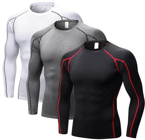 LANBAOSI 3 Pack Men's Compression Long Sleeve Quick Dry Wicking T-Shirt Sun Protection Running Training Baselayer Tops