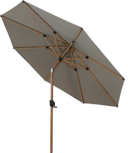 Siena Garden Vero Sombrilla de madera con aspecto de madera, diámetro de 300 cm, estructura de aluminio y aspecto de madera, funda 100% poliéster, 280 g/m² en gris pardo, UPF 50+
