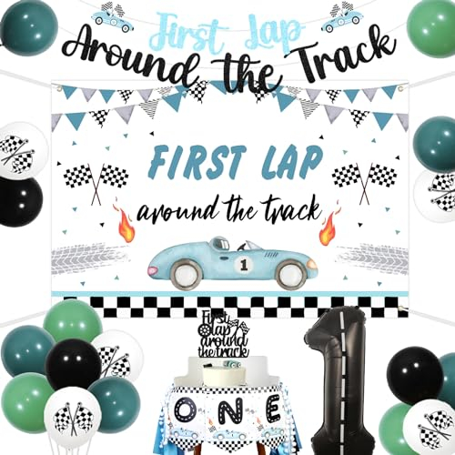 kreat4joy First Lap Around The Track Birthday Decorations, First Lap Around The Track Backdrop Banner Cake Topper One High Chair Banner 1 Foil Balloon for Boys Race Car 1st Birthday Party Decorations