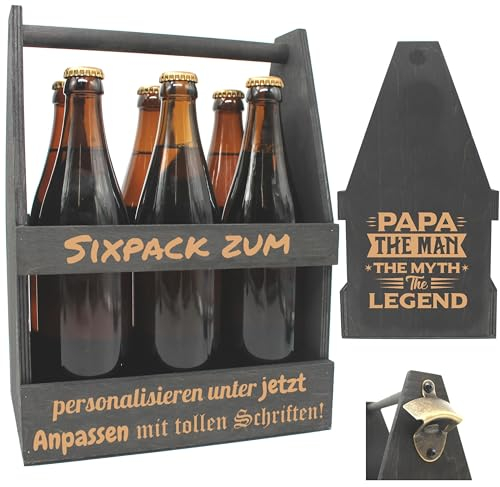 die-veredler PAPA THE MAN-Bierträger personalisiert Sixpack Flaschenträger Bierträger aus Holz SCHWARZ mit Gravur Männerhandtasche Geburtstagsgeschenk Biergeschenk Vatertag Geschenk