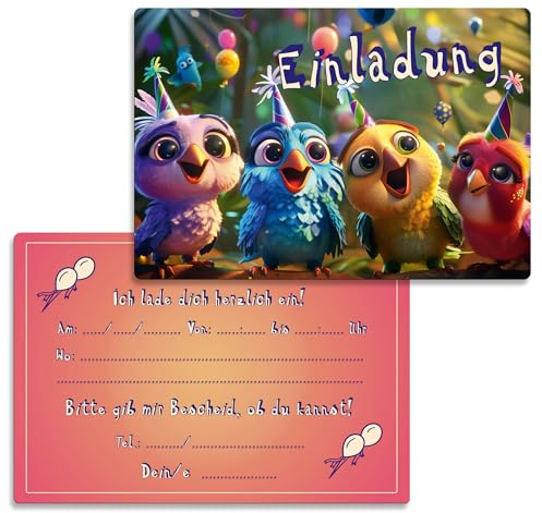 Berninja 12 Einladungskarten für Kindergeburtstag mit süßen Partyvögeln – XL-Format, ideal für Mädchen und Jungs