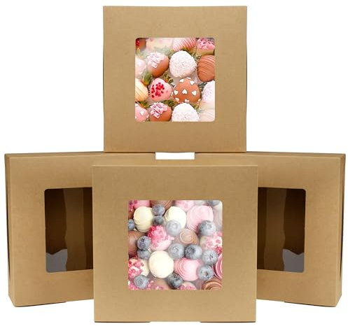 AWCIGG Scatola Quadrate per Dolci da 15 Pezzi, Scatola Confezione Regalo Kraft con Finestra Trasparente, 9x9x2,5”/22,9 x 22,9 x 6,35 cm, Scatole per Torte, Pasticceria, Scatole Natalizie