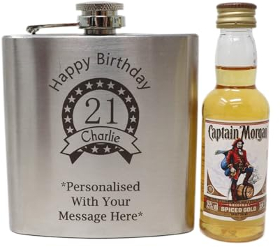 Personalised Engraved Silver Hip Flask & Miniature Bottle of Rum Gift Set for 18th or 21st Birthday for Son/Boys/Men. 40th Gift for Dad - Birthday Design (Spiced Rum)