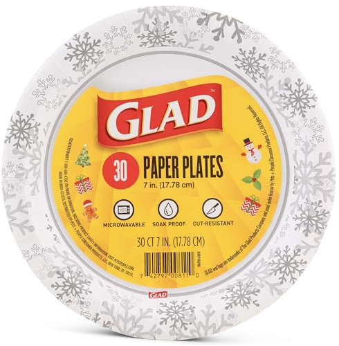 Glad Disposable Paper Plates with Holiday Grey Snowflake Design - Soak Proof, Heavy Duty, Microwavable Plates for Dessert, Snacks, and Everyday Use - 7 Inch Round, 30 Count