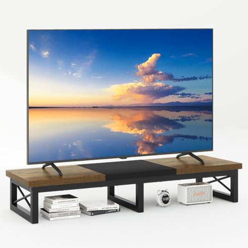 IBUYKE Mueble de TV para 32-60 TV,Mesa Televisión Estrecha con 2 balda,Doble Pantalla de Escritorio de Oficina,Mueble de TV para Hogar,Dormitorio,Sala de Estar,Marrón rústico TVT002H