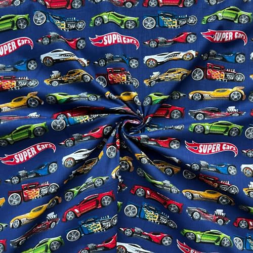 Textrend Baumwollstoff Meterware - Stoff zum Nähen - 100% Baumwolle - Textilien 1x1.6m - Kinderstoffe - Fahrzeuge (Super Cars auf dunkelblauem Hintergrund)
