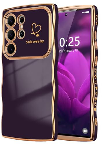 LCHULLE Kompatibel mit Samsung Galaxy S24 Ultra 5G Hülle Liebesherz Handyhülle Wellen Lockige Form Mädchen Kameraschutz Luxus Galvanik Schutzhülle Silikon Case für Samsung S24 Ultra 5G Dunkellila