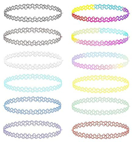 DHWEKU 12er-Pack Tattoo-Halsketten-Set für Mädchen, modisches Stretch-Spitzen-Halsband, Gothic-Elastik-Kragen-Schmuck-Set für Frauen, Teenager-Mädchen