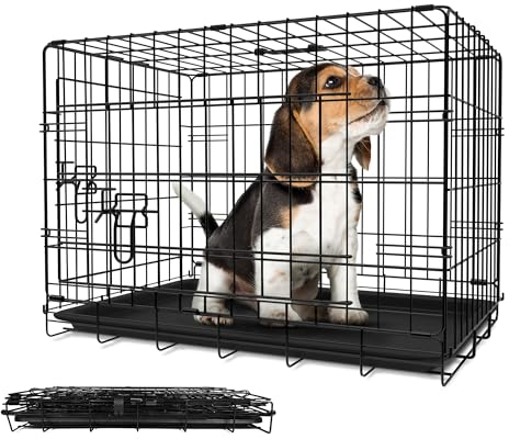 Leopet® Hundekäfig - Faltbar, für Zuhause, Wohnung, Leicht, mit Kunststoffschale, aus Metall, Schwarz - Hundetransportkäfig, Hundetransportbox, Tiertransportbox, Hundebox (LxBxH: 121x74x81 cm)