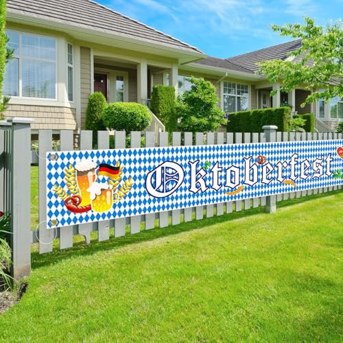 Oktoberfest Banner Deko, 50 x 300cm Bierfest Blau Weiße Dekoration Girlande, Bayerische Oktoberfest Party Hängen Girlande, für Outdoor Bierzelten Garten Partydeko