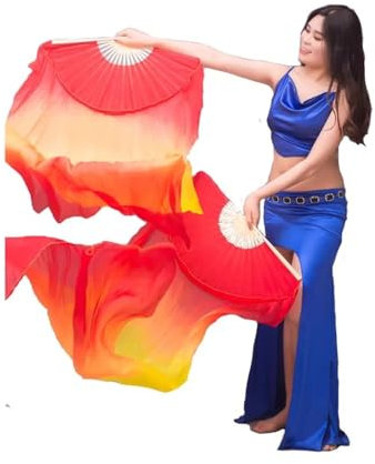 VONCYKI 1 Pair Real Silk Belly Dance Fan Veils Chinese Belly Dancing Long Fans(180-Imitation Silk)