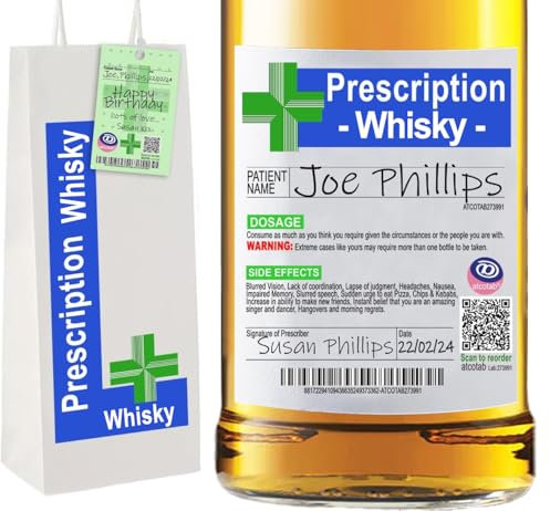 Funny Prescription Whisky Whiskey Label & Bottle Bag, Luxury Quality Funny Gifts for Grandad, Papa, Boss, Birthday Gifts, Dad Gifts.