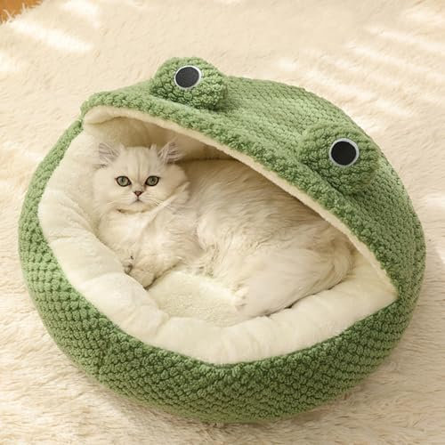 Süßes Frosch-Katzenbett, gemütliche Katzenhöhle, Kätzchen-Schlafsack mit rutschfester Unterseite, warmes samtiges Katzenbett für Indoor-Katzen, abnehmbares Kissen, Nest Iglu-Design für Sicherheit und