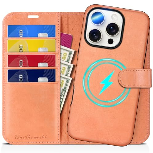 TUCCH Removable Wallet Case for iPhone 16 Pro (6.3), Peachy Pink