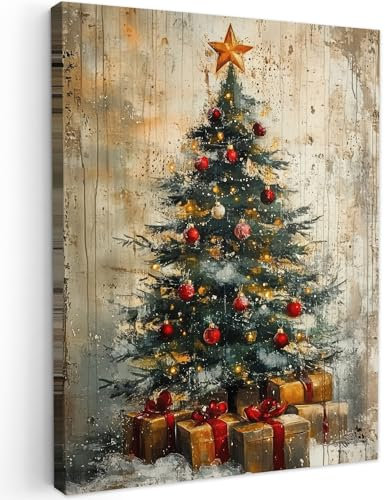 MuchoWow© Weihnachtsdeko Leinwandbilder 50x70 cm Wall Art Decoration Bilder Weihnachtsgeschenke für die Wand Deko Canvas Painting Wanddekoration Wohnzimmer Weihnachtsbaum - Vintage - Weihnachten