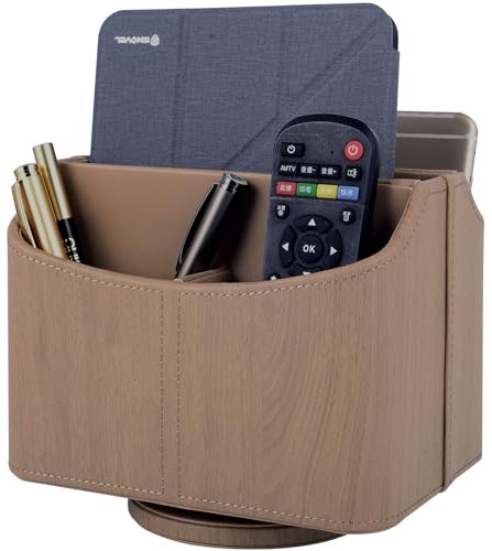 XNONE Pu Leather Remote Control Holder with 5 Compartments,360 Degrees Rotatable Desktop Supply Organizer for Pen,TV Control,Phone,Mini IPad Notebook,Eyeglasses,Makeup Brush Storage Box (Apricot)