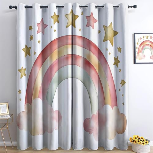 Gardinen Wohnzimmer Vorhang Weiß Blickdicht Verdunkelungsvorhänge 3D Druck Aquarellmalerei Regenbogen Wolken Sterne Ösenvorhang H183 x B117 cm 2Er Set Kinderzimmer Schlafzimmer Ösenschal Schallschutz