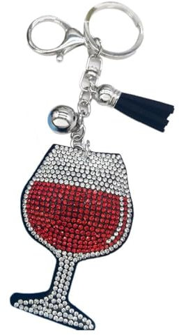 DCRYRPQES Fashion Keyrings Rhinestone Wine Glass Keychain with Tassel Charm Car Keychain Handbags Decoration for Women Presents (Red)