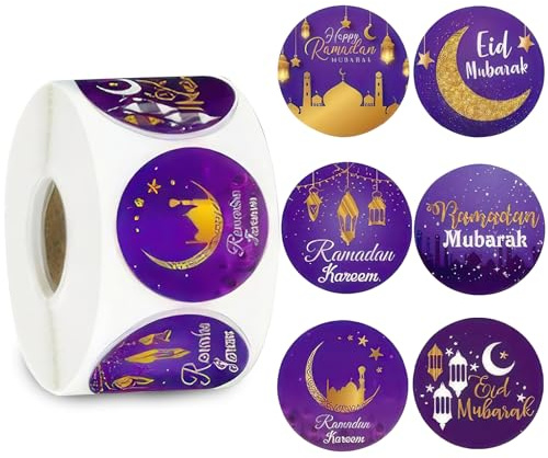 500 Stück Ramadan Eid Mubarak Aufkleber, Ramadan Sticker, Ramadan-Ornamente Sticker, Runde Geschenktüten Etiketten, Umschläge Siegelaufkleber Dekoration für Muslim Islam Party Geschenkbox (Lila 2,5cm)