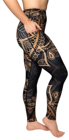 Maya Freya Golden Mandala Leggings – Hohe Taille Blickdicht rutschfest mit Handytaschen – Bequem und stilvoll für den Alltag