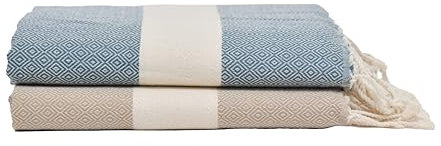 Tadussi ® Fouta, telo mare per sauna, 100 x 200 cm, set da 2 pezzi, ideale come asciugamano per hammam, asciugamano da sauna, XXL per uomo e donna, extra grande, 100% cotone in indaco e caramello