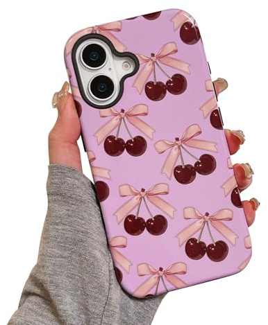 EYZUTAK Case for iPhone 16, Cute Red Cherry Pink Bow Phone Case Glossy Stylish Aesthetic Pattern Slim Soft Durable TPU and Hard PC Shockproof Protective Bumper Phone Cover for Women Girls-Cherry Bow