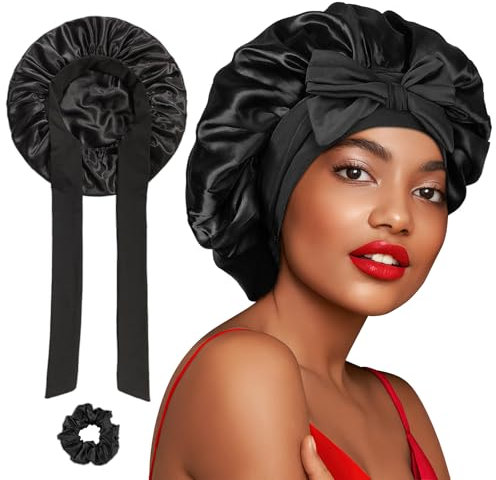 FOLAI Cuffia Seta Capelli Ricci,Silk Bonnet,Berretto da Notte Raso Elastico per Dormire Cappello da Notte per Donna Berretto da Notte Raso per Donna Ragazza-Nero