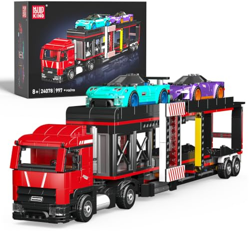 Mould King 24078 Klemmbausteine LKW City Autotransporter mit Sportwagen Bausteine Transport Truck Bausatz Geschenke für Erwachsene(997 Teile)