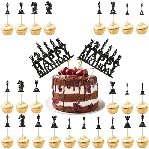 26 Stück Schach Tortendeko, Happy Birthday Kuchendeko, Kinderparty