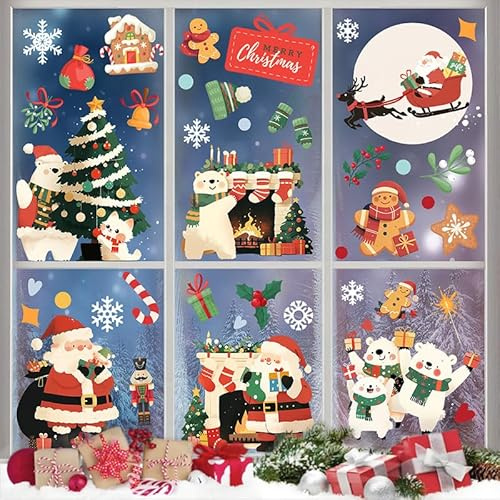 Stickers statiques de fenêtre de Noël, 9 feuilles imperméables double côté imprimé autocollants de fenêtre de vacances d'hiver autocollants pour la décoration de la maison