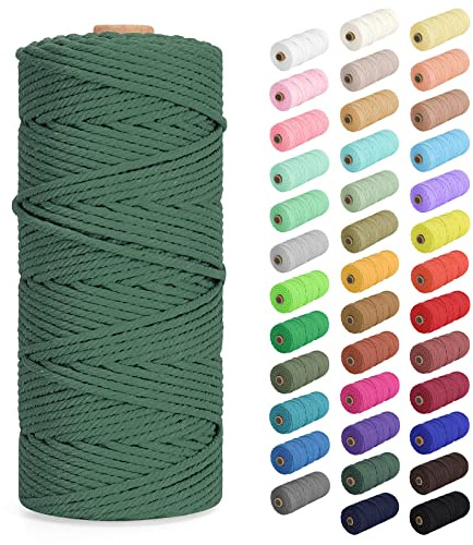 Makramee Garn 3mm x 100m, Baumwollkordel Farbig Baumwollgarn Geflochten Baumwollseil, Natürliche Baumwollschnur für Makramee Wandbehang, Blumenampel, Vorhang und Mehr DIY Deco, Dunkelgrün