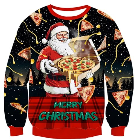 AIDEAONE Men Christmas Sweatshirts Women Xmas Jumper Funny Santa Pizza Print Sweatshirt Crew Neck Christmas Jumpers L